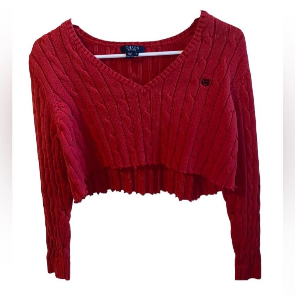 Chaps Red Cropped V-Neck Sweater Y2k - image 1